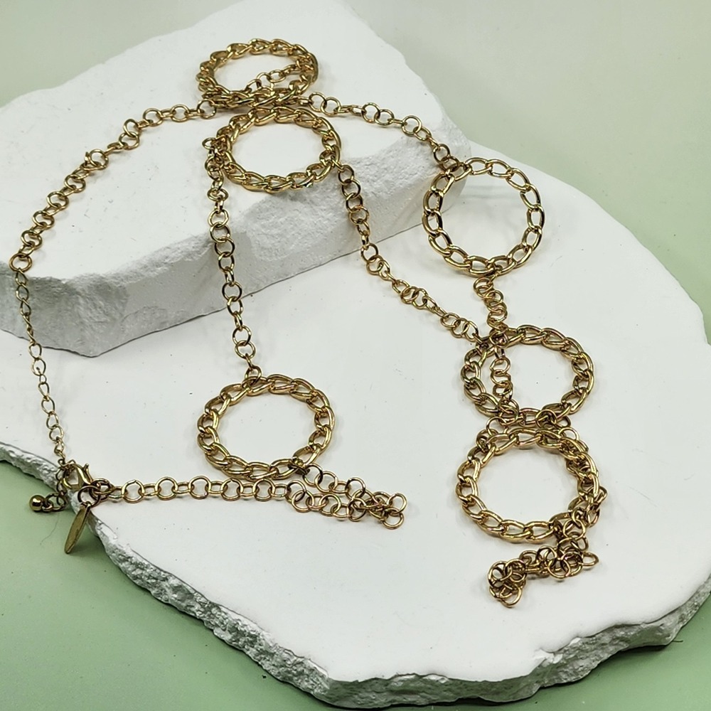 Gold Tone Long Necklace Circle Link Stations Geometric Layering Statement Chain
